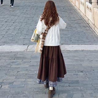 여성 브라운 체크 레이어드 캉캉 롱스커트 코듀로이 배색 A라인 빈티지 가