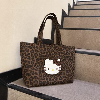 秋冬新款韩系豹纹手提包可爱刺绣kitty帆布手拎包手挽包小收纳包