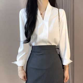 여성 화이트 브이넥 셔츠 긴팔 반팔 슬림핏 오피스 정장 블라우스 가을 겨