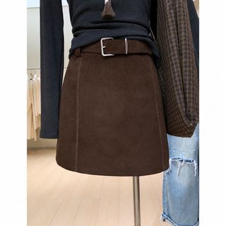 XMHP 여성 브라운 스웨이드 A라인 스커트 봄가을 플러스사이즈 빅사이즈 S-4XL