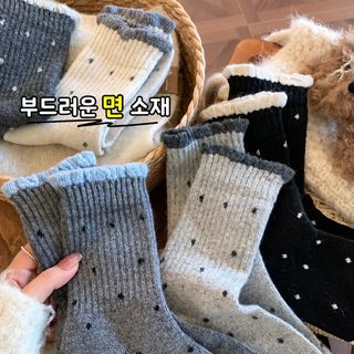 겨울 보온 배색 도트 레이스 여성 중목 양말 부드러운 루즈 삭스 도매