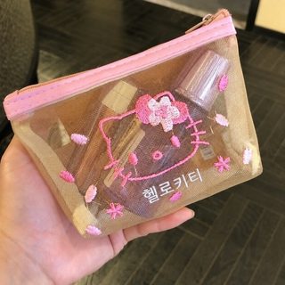 여름 핑크 KT 고양이 망사 파우치 자수 지퍼 수납 방수팩