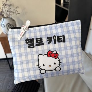 블루핑크 옐로우 체크 케이티 고양이 파우치 휴대용 클러치 화장품 잡동사
