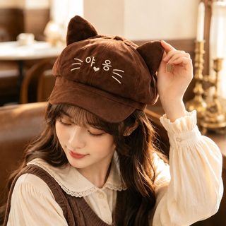 여성 겨울 보온 고양이 귀 베레모 팔각모 순색 조절 가능 모자