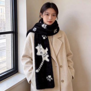 신상 눈밟이 고양이 흑백 양면 모조 담비 털 분위기감 니트 목도리녀 가을