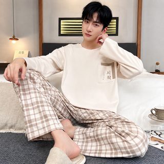 신상 잠옷 남자 봄 가을 긴 소매 남자 심플 캐주얼 가정복 겉으로 입을 수 있는 라운드 재킷 머리 세트 남자 가을