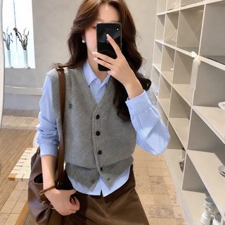 여성 프레피룩 니트 베스트 가디건 봄가을겨울 V넥 무소매 레이어드 조끼