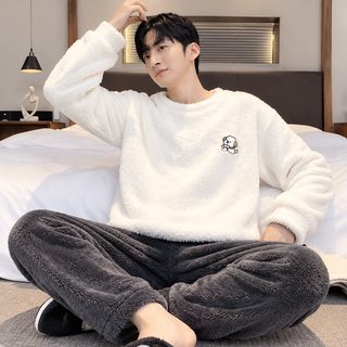 남성 플란넬 수면잠옷 세트 가을 겨울 긴팔 긴바지 홈웨어