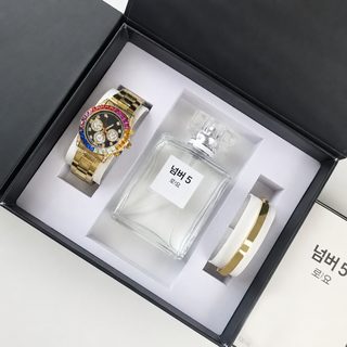 시계 향수 세트 무지개 디 강철 띠 석영 시계 일지 이중 달력 남성 시계 공