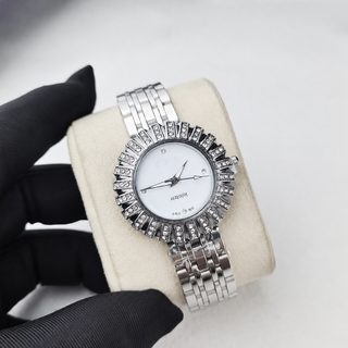 샹자 여성 손목시계 빈티지 큐빅 스틸밴드 쿼츠 아날로그 시계 37mm