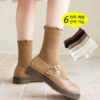프릴 여자 양말 일본계 가을 겨울 쌍침 세로 면 중통 양말 순색 목이버섯 레