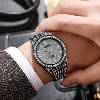 남성용 빅다이얼 큐빅 장식 로마 숫자 풀스톤 쿼츠 메탈 손목시계 40mm