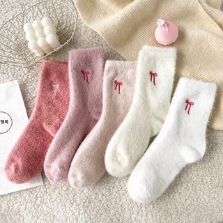 가을 겨울 핑크 리본 자수 여자 양말 기모 두꺼운 보온 양말 집 바닥 속 양