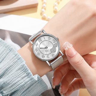 페이크 메쉬 밴드 쿼츠 손목시계 여성 캐주얼 하트 디자인 남녀공용 심플