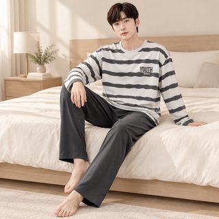 남성 봄가을 긴팔 긴바지 잠옷 라운드넥 홈웨어 세트
