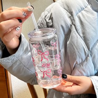 리본 빨대컵 475ml 휴대용 PC 플라스틱 물컵 우유컵 사무실용 재사용 컵