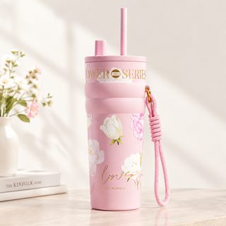 316 스테인리스 710ml 빨대 보온 텀블러 차량용 꽃무늬