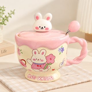 캐릭터 토끼 머그컵 뚜껑 숟가락 귀여운 도자기 컵 대용량 커플 물컵 여자