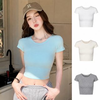 H582 슬림핏 크롭탑 디자인 심플한 여름 반팔감 캐주얼 백합 짧은 티셔츠 여