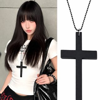 할로윈 남녀공용 빈티지 다크 우드 십자가 롱 목걸이