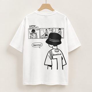 남성 코마면 캐릭터 프린팅 오버핏 라운드 반팔 티셔츠