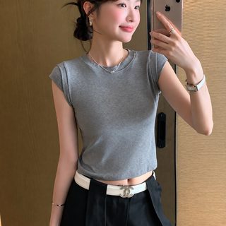 K1209 나사산 라운드 반팔 티셔츠 여자 봄여름 슬림핏 레깅스 백매치 날씬해