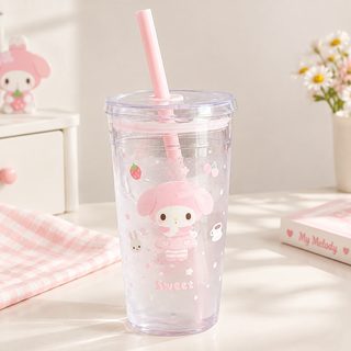 캐릭터 투명 플라스틱 빨대컵 뚜껑형 핑크 물컵 450ml