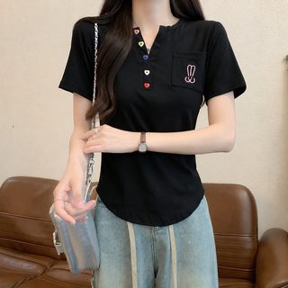 螺纹棉260克V领正肩短袖T恤女夏季多巴胺超好看上衣女2026新款夏