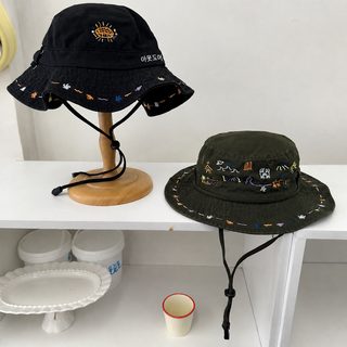 자수 플라워 블랙 데님 어부 모자 여학생 챙 큰 머리 둘레 차양 자외선 차단