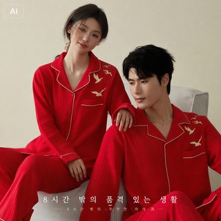 빨간색 홈웨어 잠옷 결혼 신혼커플 세트 춘추여름 빨간색 본명년 자수형 홈