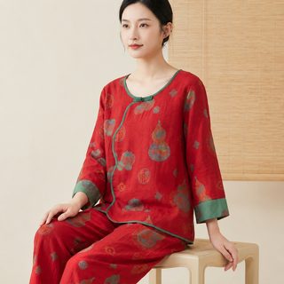 빨간색 가정복 국풍 잠옷 여자 순면 봄여름 신중식 복록지 대홍색 사선 잠