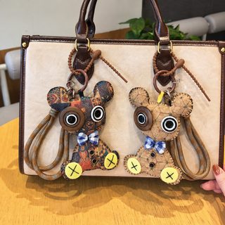 오리지널 순수 수제 봉선 빈티지 단추 곰 걸이 pu 가죽 인형 가방 걸이 열쇠