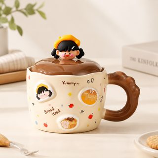 귀여운 빵 캐릭터 도자기 뚜껑 머그컵 380ml