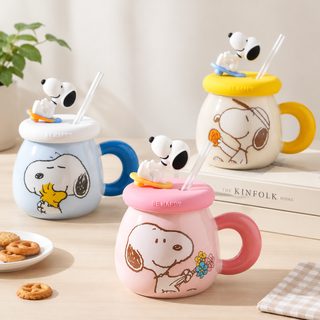 뚜껑 빨대 도자기 머그컵 500ml 사무실 가정용 커피잔