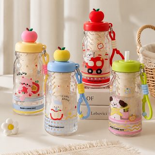 사과 뚜껑 캐릭터 빨대 물컵 600ml 휴대용 끈