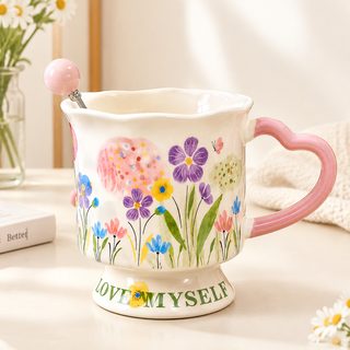 플라워 도자기 머그컵 420ml 하트 손잡이 스푼 선택