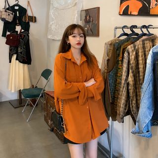여성 오렌지 셔츠 긴팔 루즈핏 폴로카라 복고풍 봄가을 캐주얼 카디건 상의
