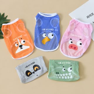 애완동물 옷 고양이 개 봄여름 청량 조끼 만화 프린트 격자 통기 조끼 털 제