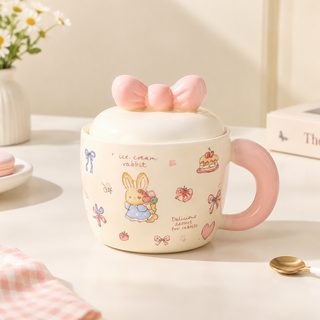 리본 뚜껑 토끼 일러스트 도자기 머그컵 400ml