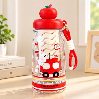 캐릭터 사과 뚜껑 600ml 빨대 물병 스트랩 티필터 물컵