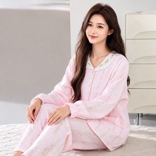 모자급 A류 전면 산후조리복 봄여름 거즈 레이스 레이스 자수대 포유구 잠