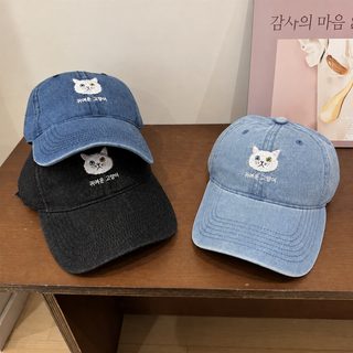 한국판 귀여운 고양이 자수 카우보이 야구모자 여자 봄여름 얼굴 작은 오리털모자 트렌드 백합 차양 모자