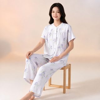 A류 전면 거즈 잠옷 여성 신장 기모 면 봄 여름 반팔 긴 바지 편안한 가정복