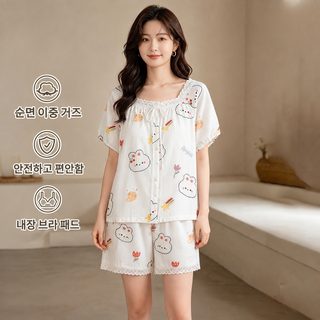 새로운 여름 잠옷 여성 순면 이중사 귀여운 레이스 테두리 브래지어 세트