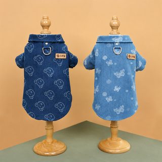 펫룩 가을/겨울 보온대 견인단추 데님 셔츠 테디코기 강아지 고양이 옷 중