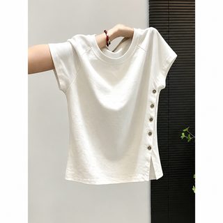 소크라운 여름 유니크 단추 트임 반팔 블라우스 티셔츠 여성 캐주얼 상의