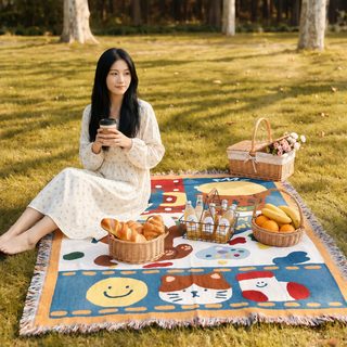 귀여운 낙서 고양이 캠핑 피크닉 담요 130×160cm 방습 돗자리 테이블보 낮잠