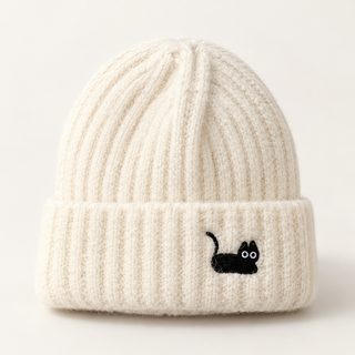 여성 겨울 고양이 자수 골지 니트 비니
