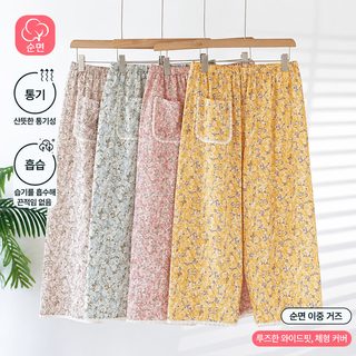한국판 잠옷 바지 여자 순면 사계절 이중 거즈 플라워 9부 바지 프리사이즈