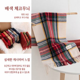 크로스보더 유럽풍 크리스마스 체크 스카프 여자 가을 겨울 보온 큰 숄 남학생 같은 분위기감 수술 스카프